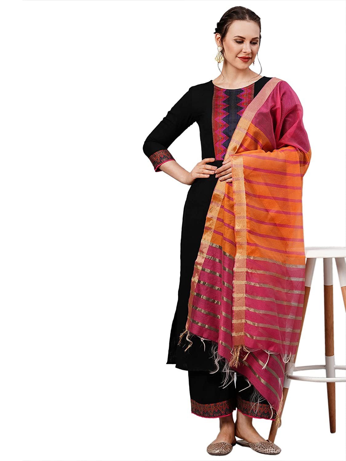 INDO ERA Women's Pure Cotton Solid Straight Kurta Palazzo With Dupatta Set (IE10KS4BE1096)