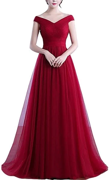 Lemai Women's Off Shoulder Tulle Pleats Simple Long Prom Even