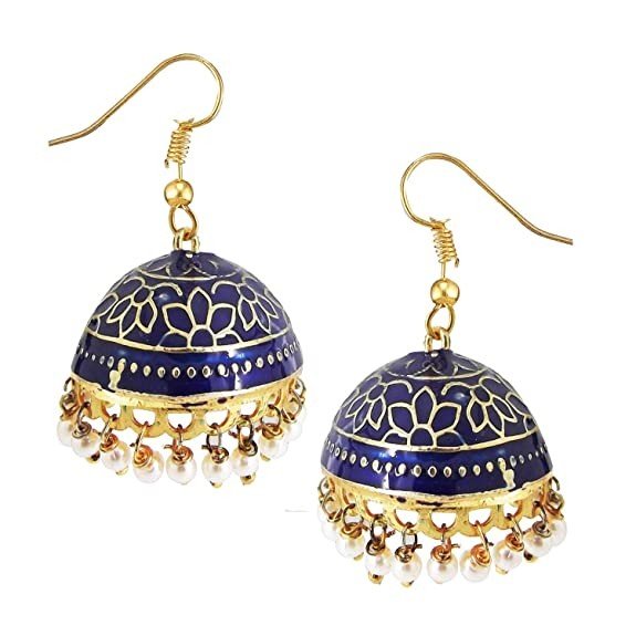 9blings Navy Blue Meenakari Collection Gold Plated Fashion Hand Painted Pearl Jhumka Earrings for Women and Girls