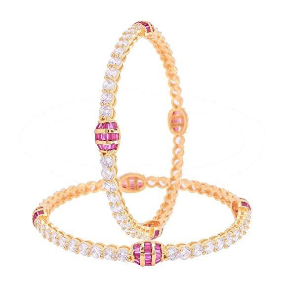 Ratnavali Jewels Gold Plated Red White American Diamond Baguette Traditional Bangle for Women Girls Party 4022R
