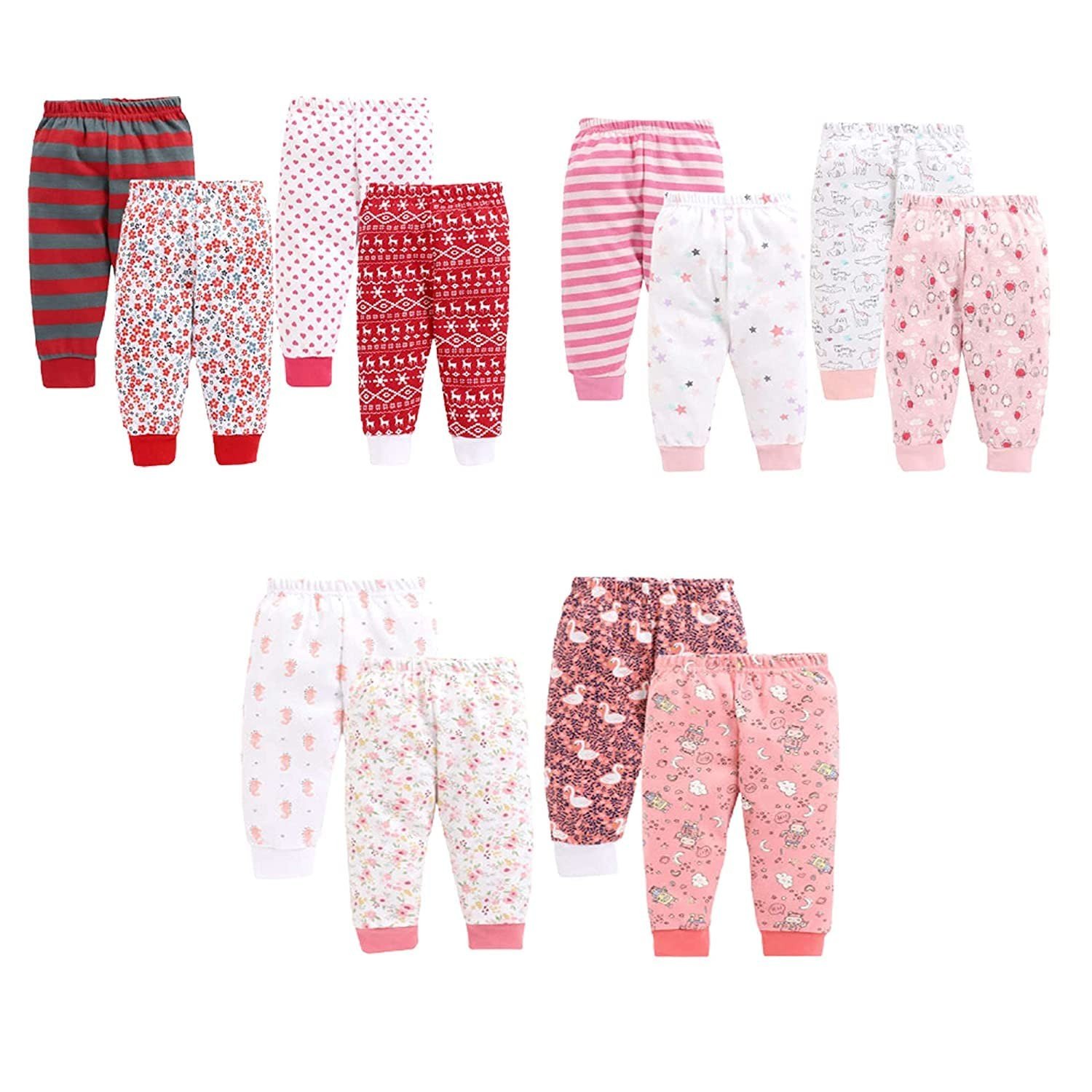 EIO Baby Boys Girls Cotton All Over Print Pajama Rib Pants Pack of 6 Assorted Prints Pack of 6