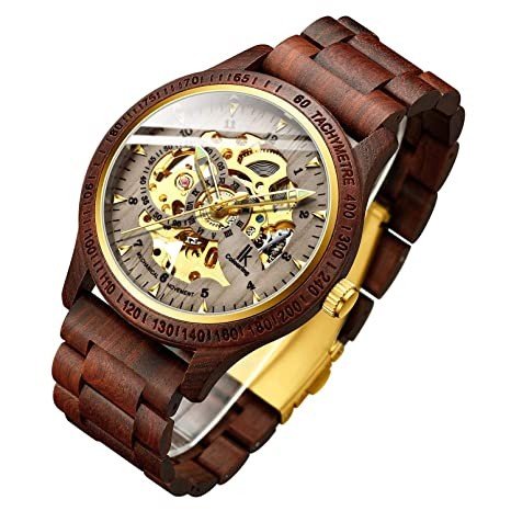 IK Men's Wooden Watches, Automatic Mechanical Wooden Case Wrist Watch,Casual Skeleton Lumious Lightweight Wrist-Watch Genuine Leather Bracelet/Wood Band