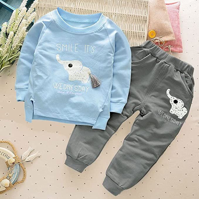 Bold N Elegant Sky Blue n Grey Cute Elephant Tail 2pc Baby Boy Girl Clothing Set Wednesday Smile Ganesha Full Length Set Tshirt Pant Set for Infant Toddler Kids
