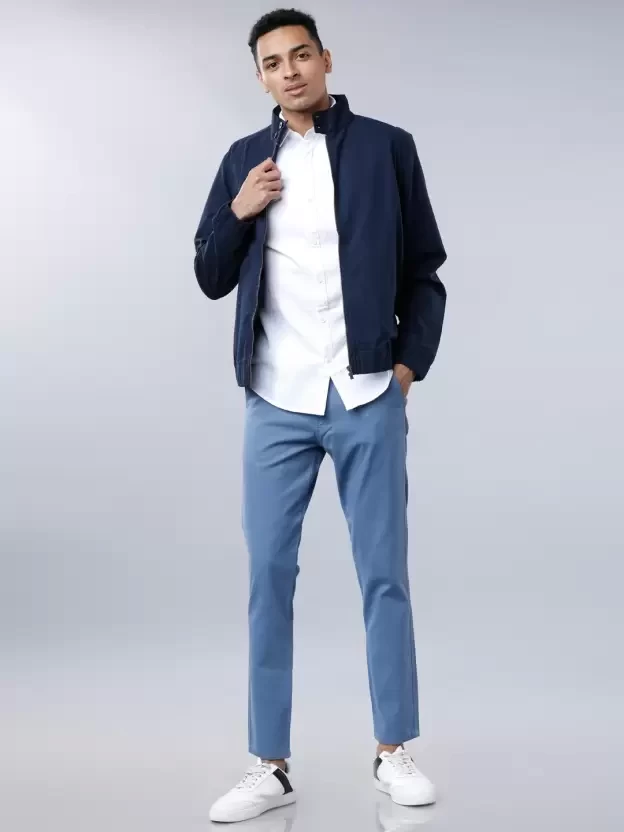 Slim Fit Men Blue Cotton Lycra Blend Trousers