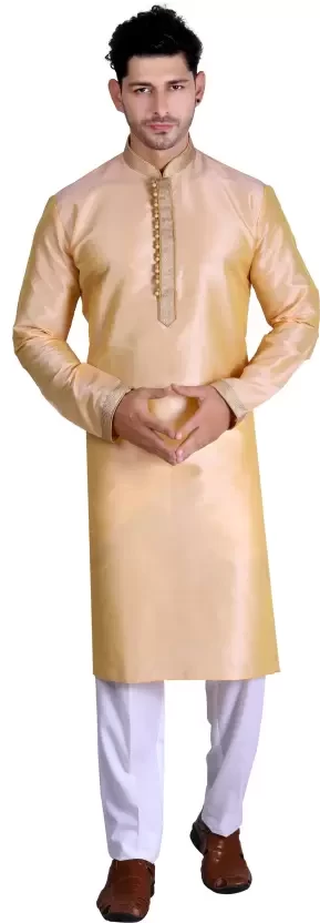 Men Embellished Cotton Silk Straight Kurta  (Gold)
