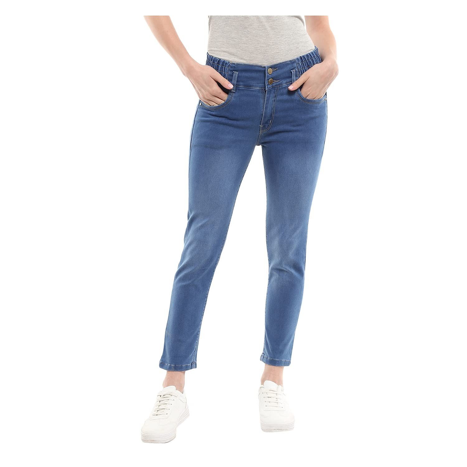 VMart Women Solid Cotton Polyester Knitted Denim High Rise Jeans 433991