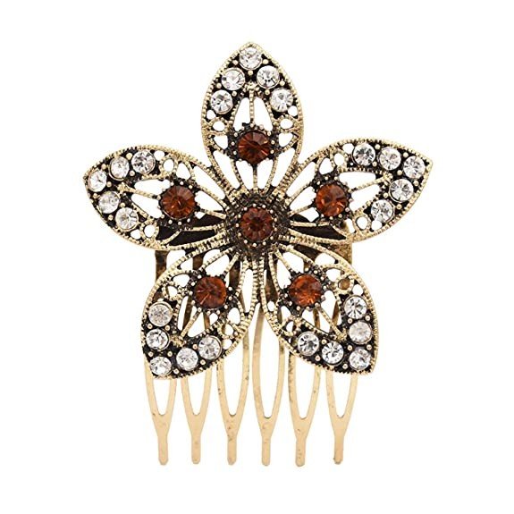 Young & Forever Antique Gold Brown Crystal Flower Hair pins Hair Clips Hair Comb for Girls Fancy Diamond Hair Accessories for Women