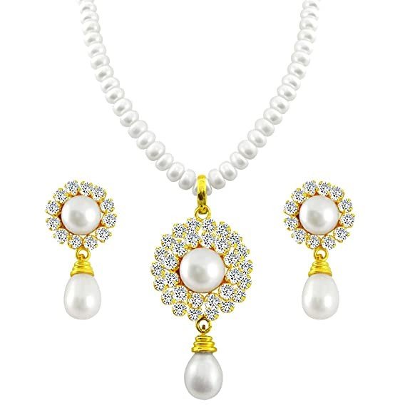 Sri Jagdamba Pearls Dealer Pearl White Pendant Necklace with Earrings Set for Women/Girls