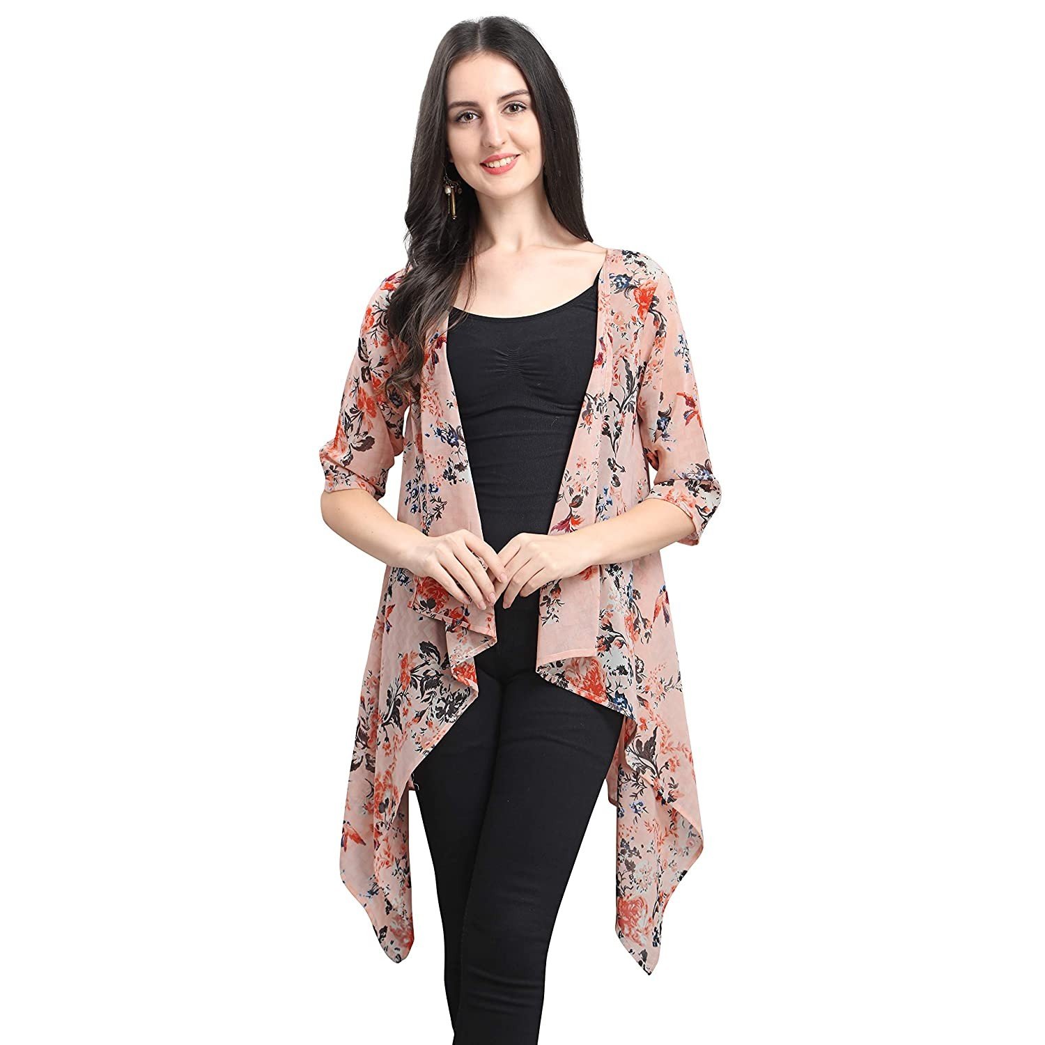 Serein Women's Shrug (Light peach floral print Shrug / Jacket with 3/4th
