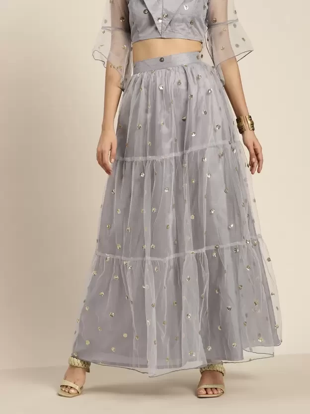 Women Embellished Flared Grey Skirt