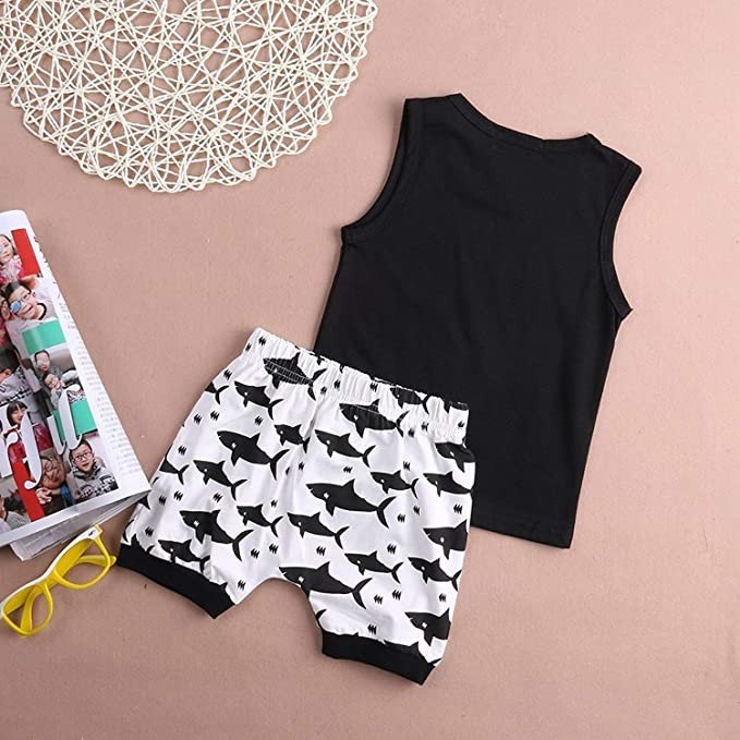 Attis Boys and Girls Clothes Shark and Doo Doo Print Summer Cotton Stylish Sleeveless Outfits Set Tshirt & Pant Kids Clothing Set
