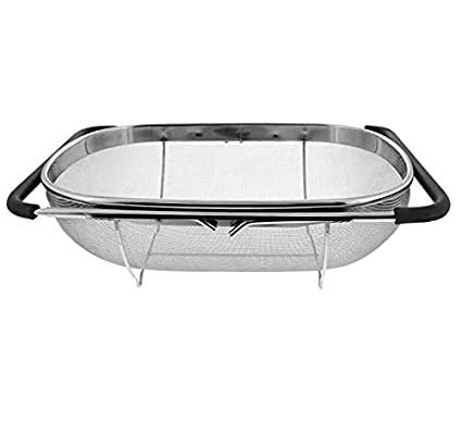 Stainless Steel Adjustable Colander Strainer 13.4X 9.4" Nonslip Handles Drain Over The Sink Colander Basket Vegetable Fruit Noodles Strainer for Rice Vegetable Fruits and Noodls