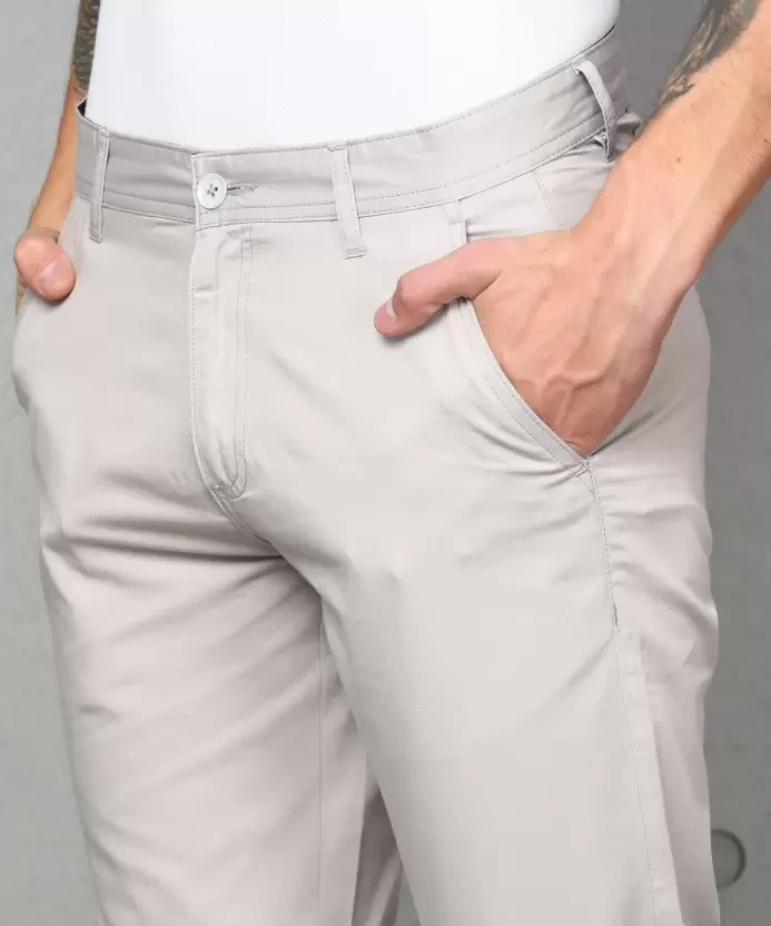 Regular Fit Men Pure Cotton Grey Pure Cotton Trousers