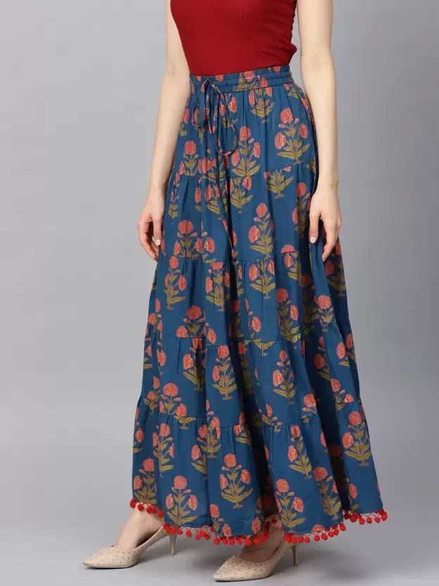 Women Floral Print Flared Blue Skirt