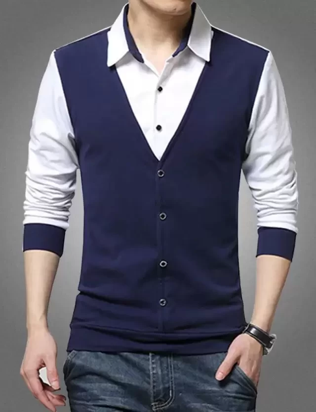 Men Slim Fit Color Block Spread Collar Casual Shirt