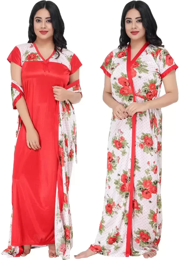 Women Nighty with Robe  (Red)
