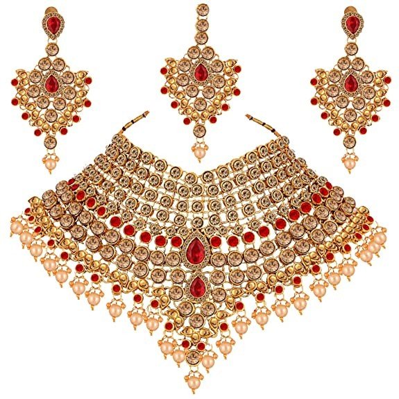 Lucky Jewellery LCT Red Bridal Dulhan Wedding & Engagement Necklace Set with Mang Tikka Best for Bride Gold Red in Color (1815-L1SS-KD124-LCT-RED)