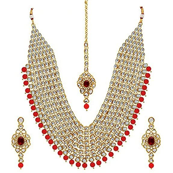 Peora Kundan Pearl Maroon Layered Long Jewellery Necklace Set with Earring Maang Tikka Earrings for Women