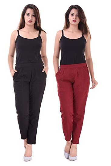 Real Bottom Women Slub Cotton (Black, Maroon) (Pack of 2) Solid Pant