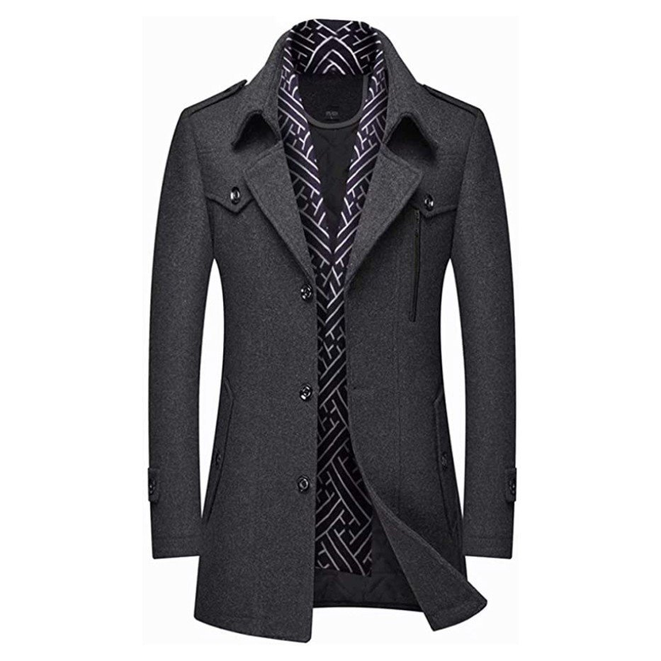INVACHI Men's Single breasted Mid-length Winter Woolen Business Coat with Free Detachable Soft Touch Wool Scarf