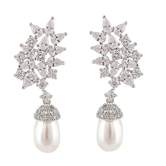 Ratnavali Jewels Fashion Jewellery Silver Plated Red Green American Diamond CZ Pearl Dangle & Drop Earrings Women/Girls