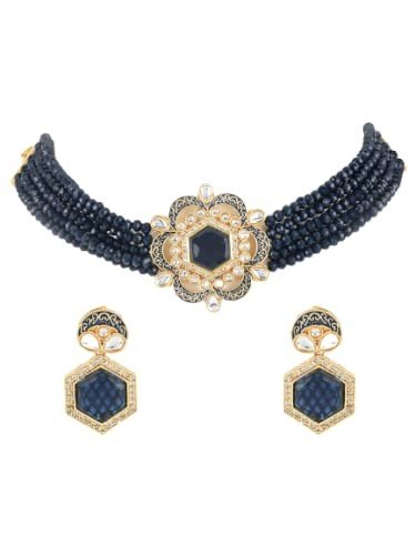 Jazz and Sizzle Gold Plated Jewelry Blue Kundan Beads Studded Traditional Choker Necklace Set with Earrings for Girls and Women - Set of 1