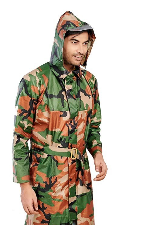 Aristocrat Rainwear Mens Army Print Long Raincoat Waterproof with Collar Adjustable Hood and Full Sleeve Stylish Full Workwear Barsati Rain Suit with Pockets and Belt