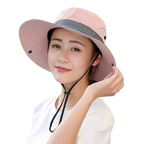 PALAY® Women's Outdoor UV Protection Foldable Mesh Wide Brim Beach Fishing Hat (Pink)