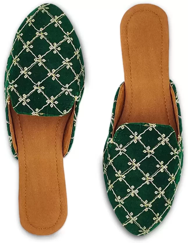 Stylish Embroiedery Flat Ethnic Mule For Women  (Green)