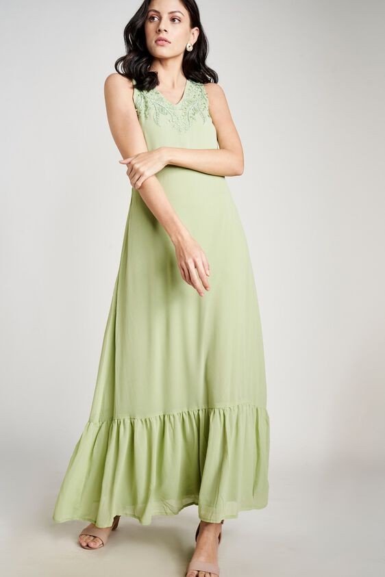 Sage Green Embroidered V-Neck A-Line Maxi Gown