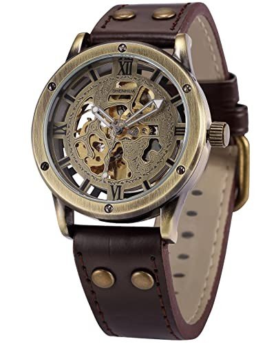 AMPM24 Men's Vintage Bronze Roman Automatic Mechanical Skeleton Brown Leather Strap Wrist Watch