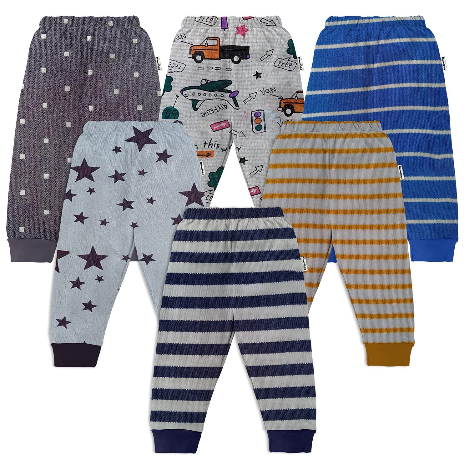 NammaBaby Unisex Baby Cotton Mixed Print Pyjama Rib Pants Assorted Prints- Pack of 6