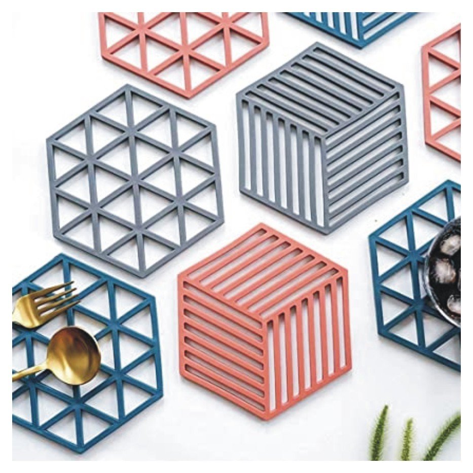 Dhruv Mart Silicone Trivet Mats Hot Pads Heat Resistant Bowl Mats Dish Mats Drink Coasters Non-Slip Pot Holders for Home Kitchen Dining Table Decoration (3, Red Triangle)