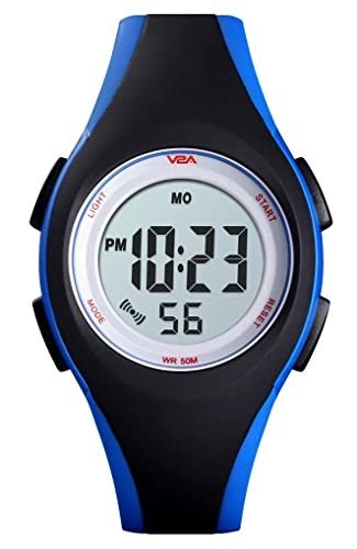 V2A 5ATM Waterproof Digital Kids Sports Watch with Luminous Alarm Stopwatch for Boys and Girls (White Dial Black and Blue Colored Strap)