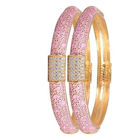Ratnavali jewels American Diamond CZ Gold Plated Pink Meena Enamel White Bangles for Women/Girls RV3194P