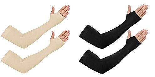 UV Protection Lets Slim Cooling Arm sleeves Cover for Men Women, Gloves with Thumb Hole for Biking, Scooty and sports (Multicolour; Free Size)(Color : Black and Beige)