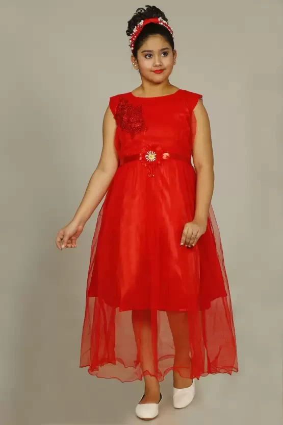 Girls Maxi/Full Length Party Dress  (Red, Sleeveless)